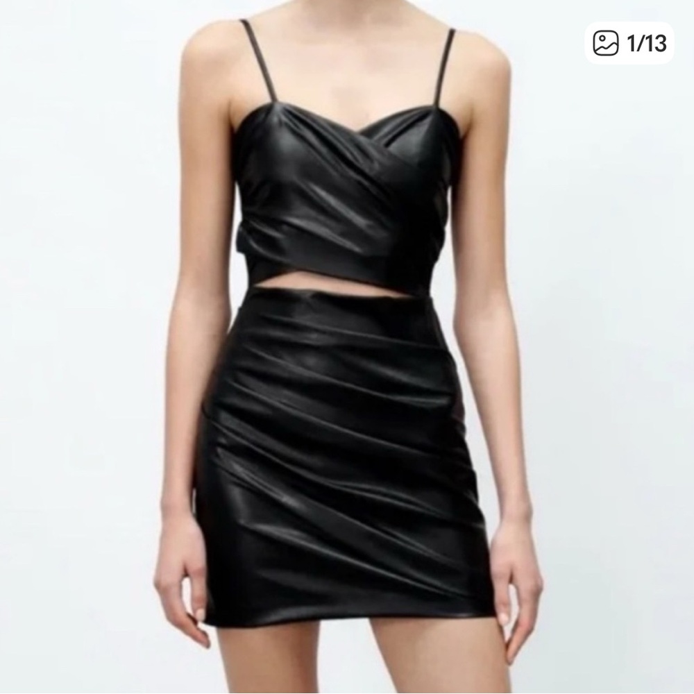 ZARA Faux leather cut out mini Black Dress size XS